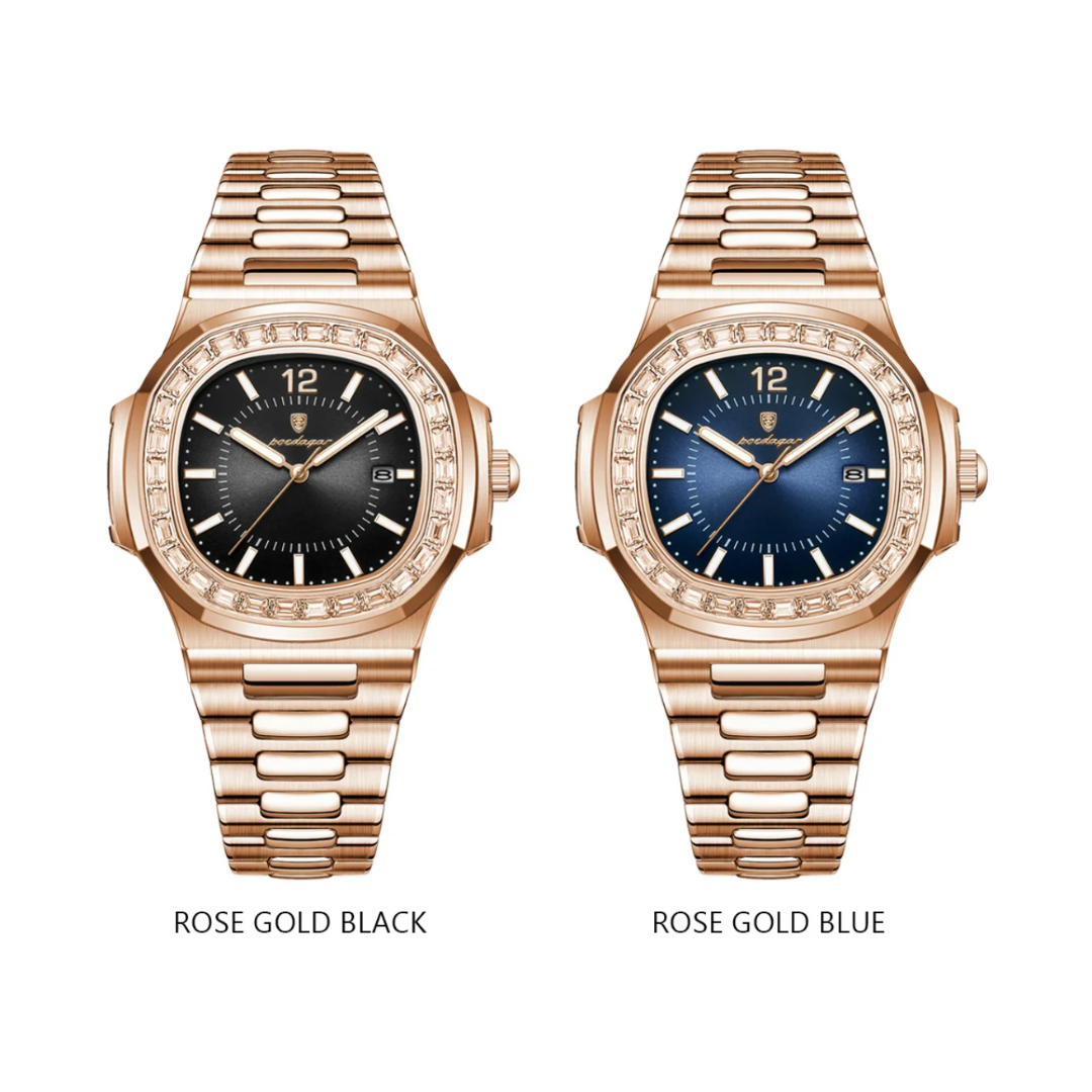 Two Boujee Ice rose gold watches with black and blue faces on a white background