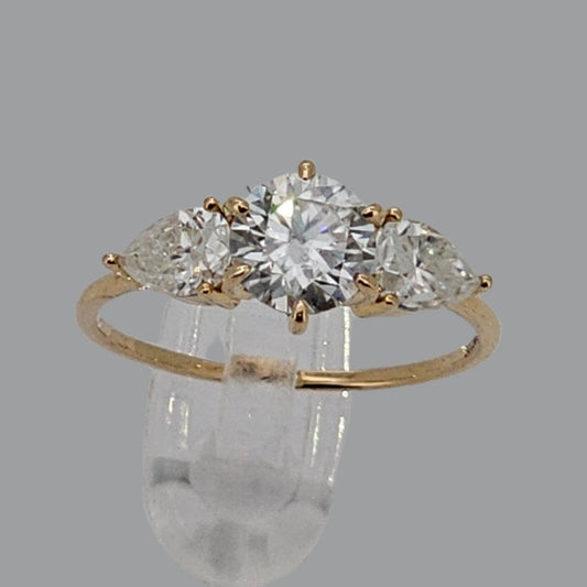 Halo Set 3 Stone Round Diamond with Pear Cut Side Diamonds in Solid Gold