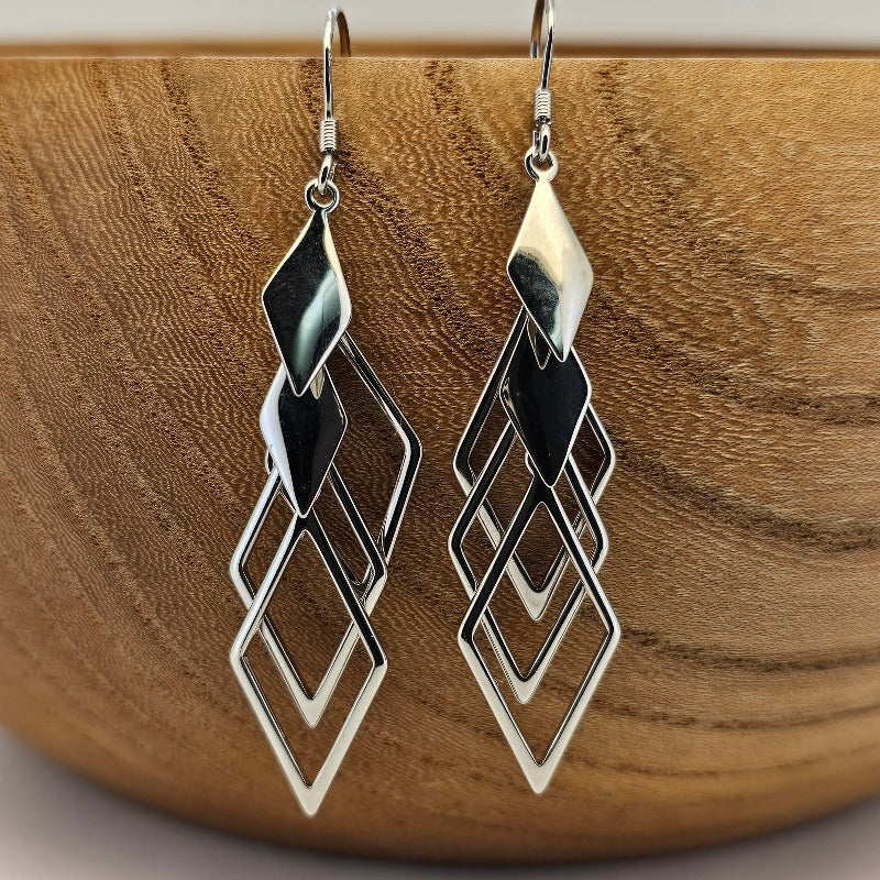 Sterling Silver S925 Hollow Geometric Long Drop Earrings