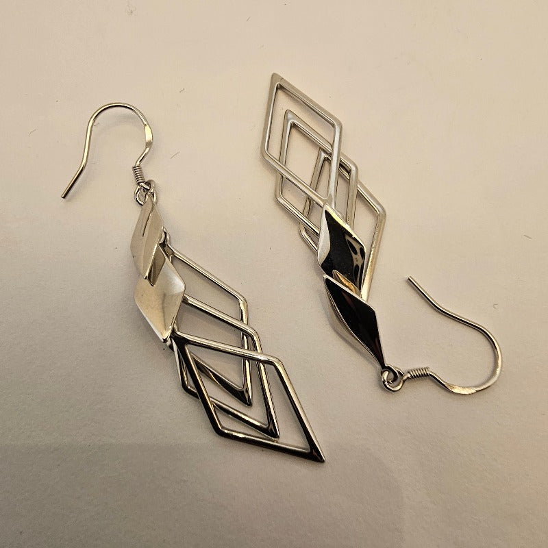 Sterling Silver S925 Hollow Geometric Long Drop Earrings