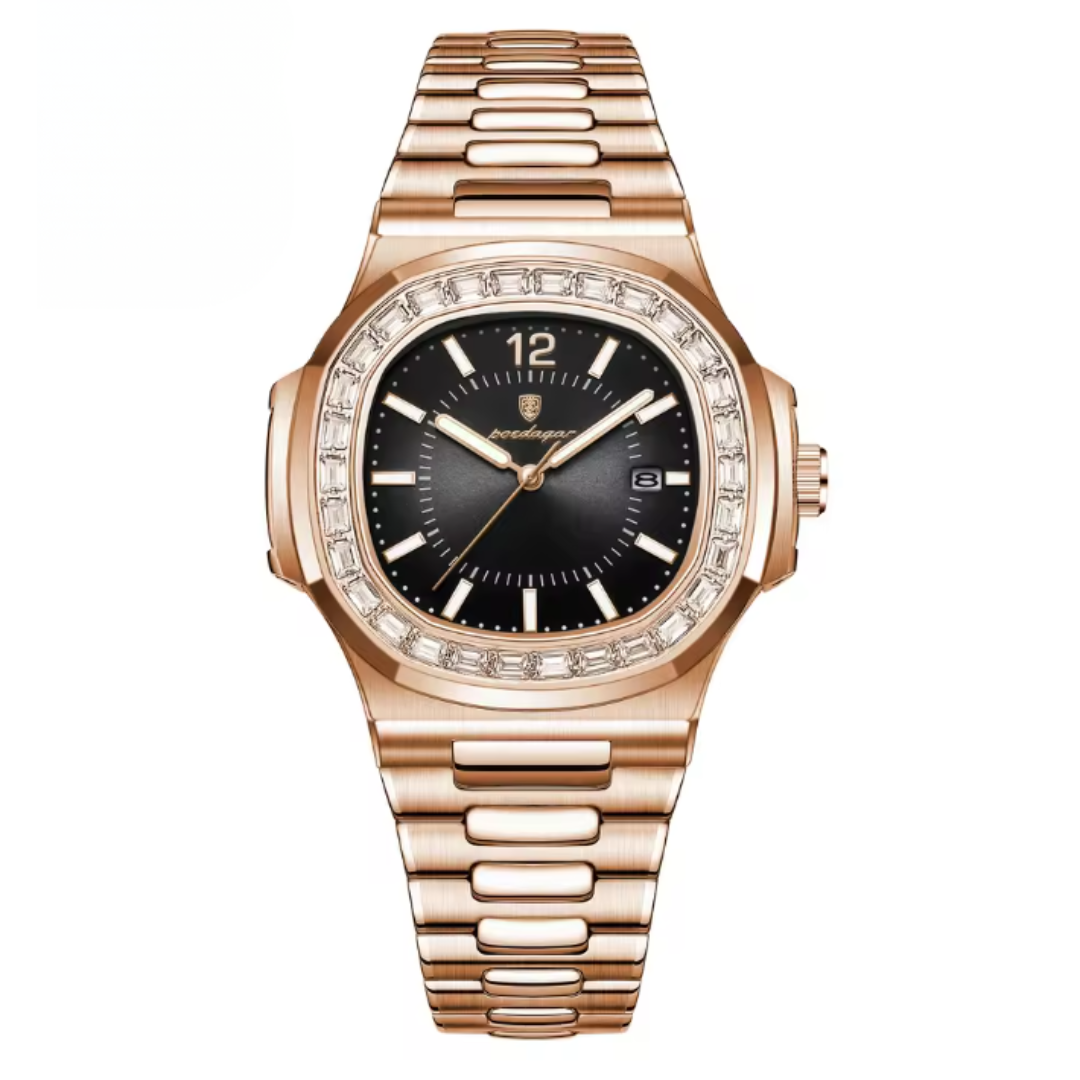 Luxury watch with rose gold case and bracelet on a white background
