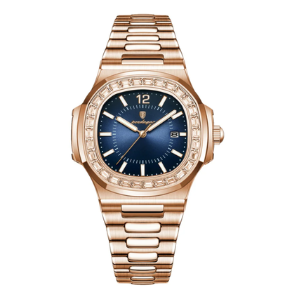 Rose gold watch with a blue dial on a white background