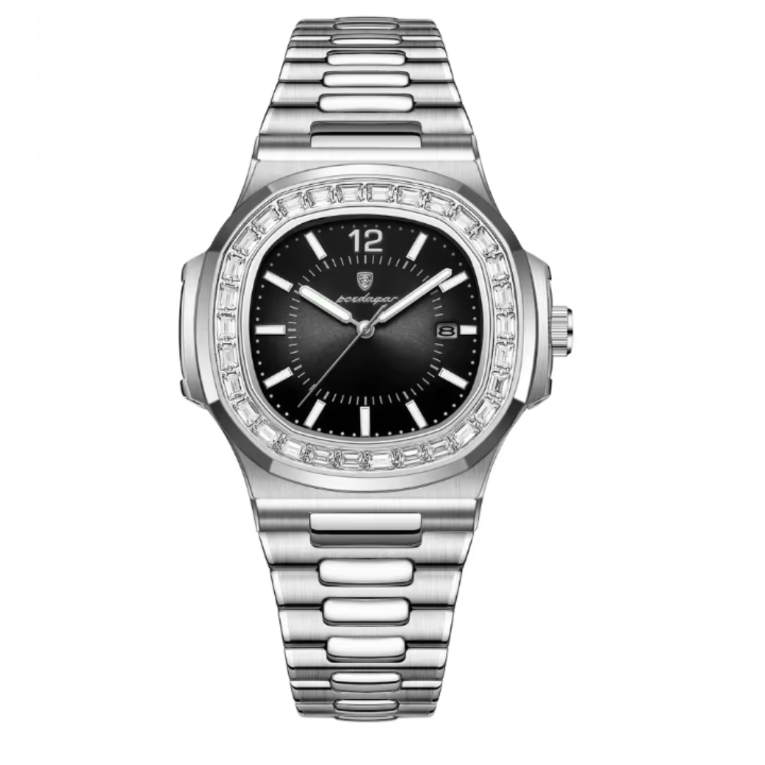 Silver watch with black dial on a white background
