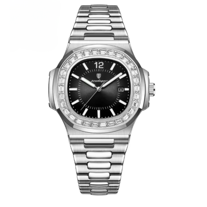 Silver watch with black dial on a white background