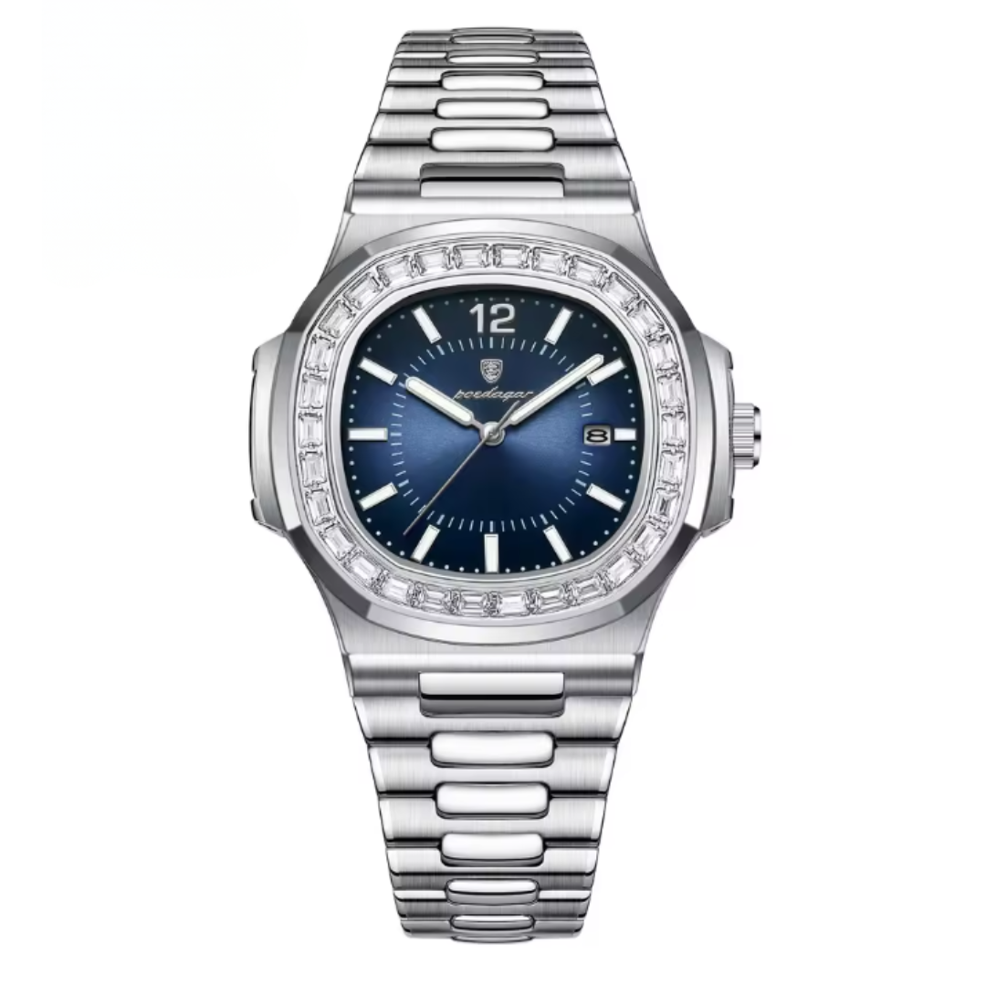 Silver watch with blue dial on a white background