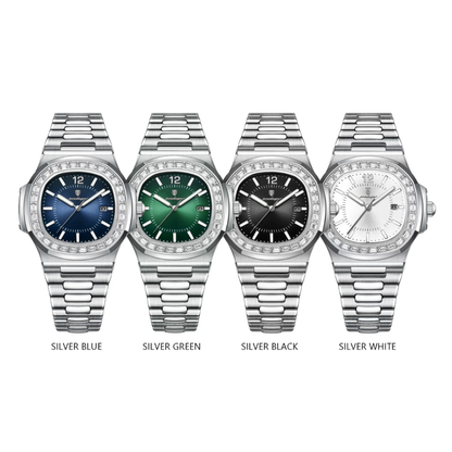 Four Boujee Ice silver watches with different colored available faces on a white background