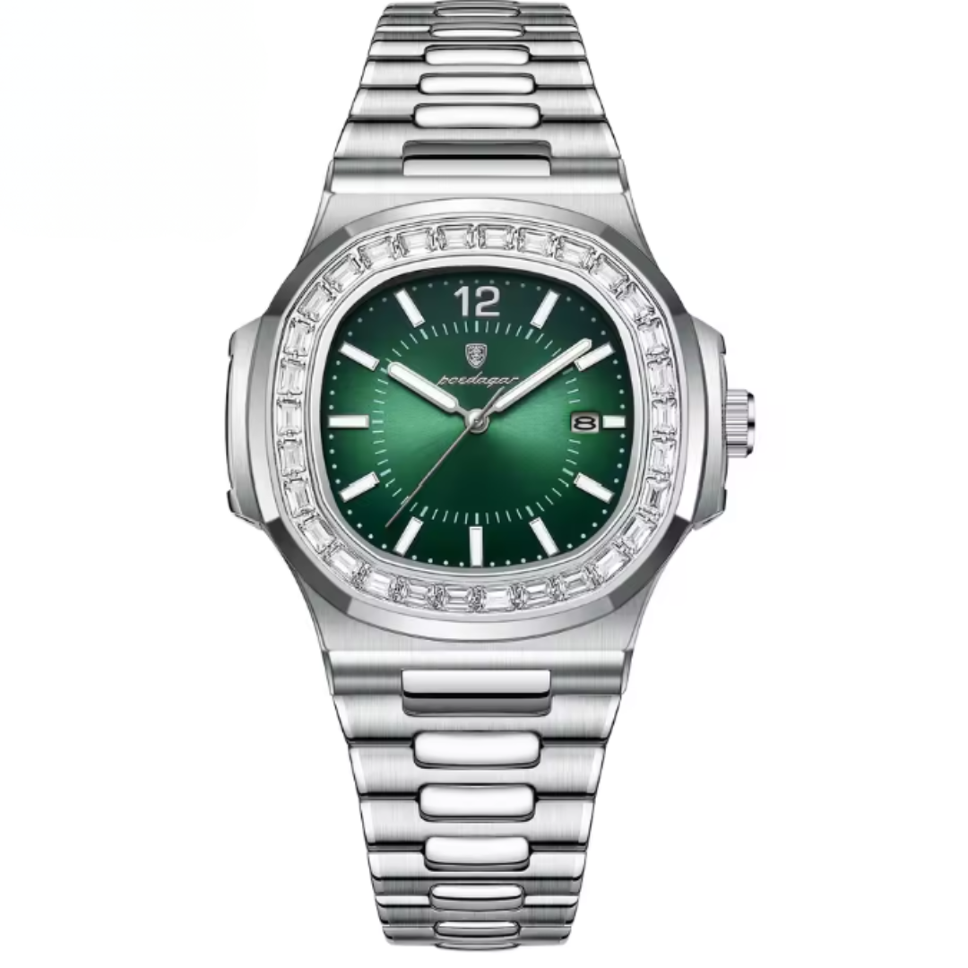 Silver watch with a green dial on a white background