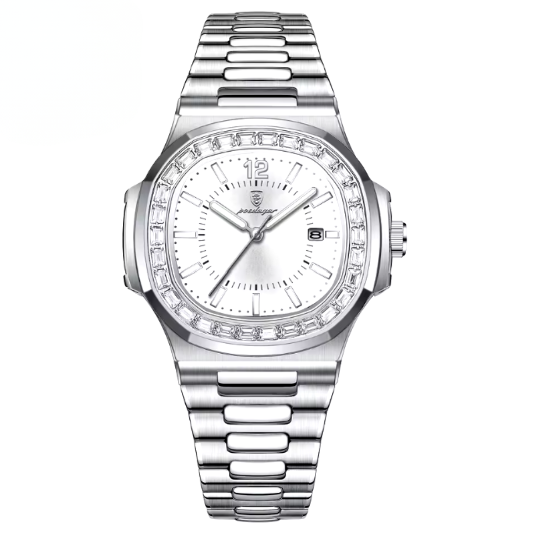 Silver wristwatch with diamond-studded bezel on a white background