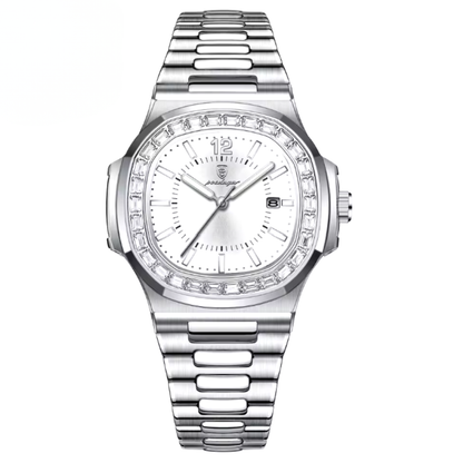 Silver wristwatch with diamond-studded bezel on a white background